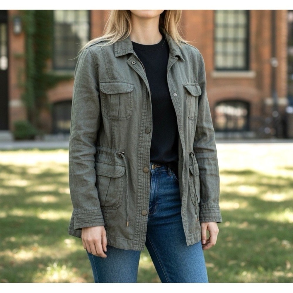 Maine New England 100% Linen Utility Jacket Womens 18 Army Green Pockets